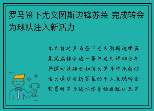 罗马签下尤文图斯边锋苏莱 完成转会为球队注入新活力 罗马签下尤文图斯边锋苏莱 完成转会为球队注入新活力