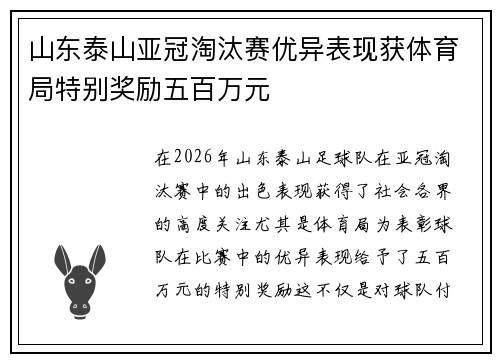 山东泰山亚冠淘汰赛优异表现获体育局特别奖励五百万元