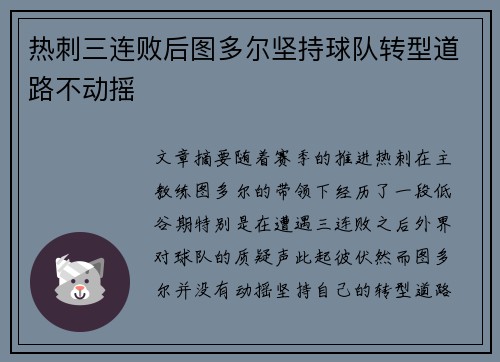 热刺三连败后图多尔坚持球队转型道路不动摇