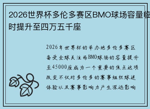 2026世界杯多伦多赛区BMO球场容量临时提升至四万五千座