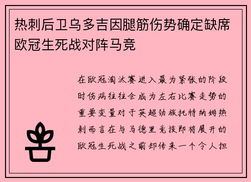 热刺后卫乌多吉因腿筋伤势确定缺席欧冠生死战对阵马竞